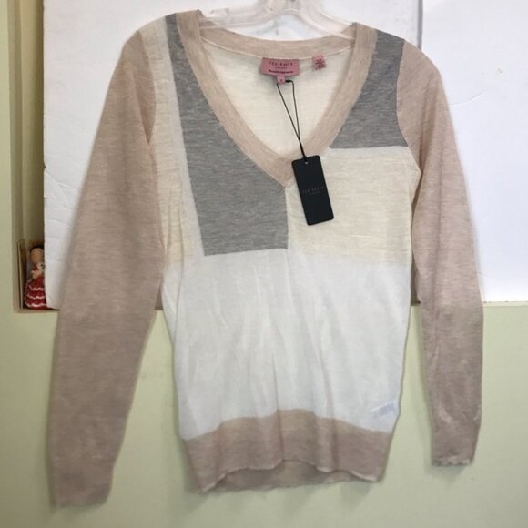 Ted Baker NEW Intarsia Cotton Linen Lightweight Color Block V Neck Sweater Top S - Picture 4 of 16